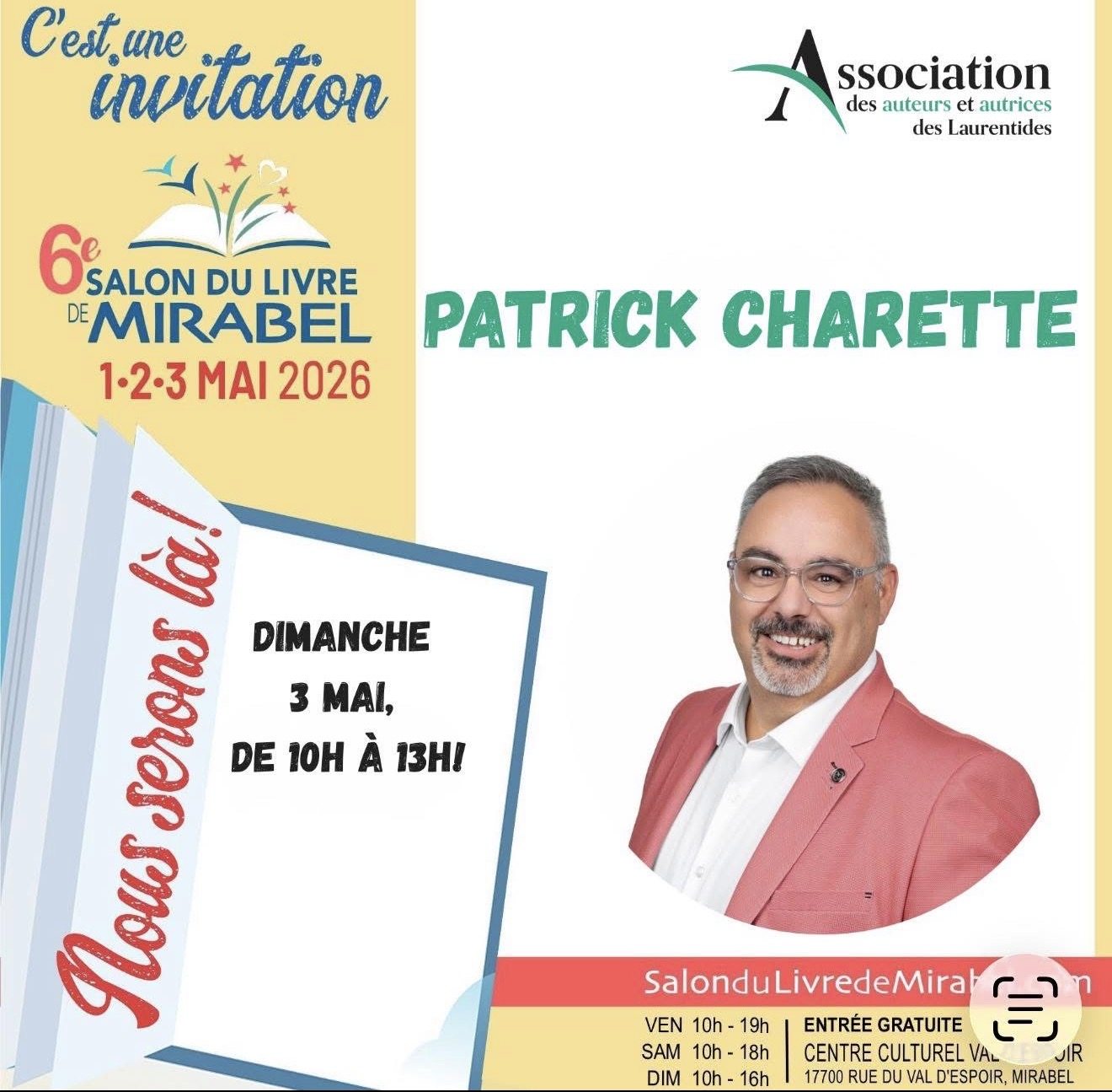 Affiche officielle annonçant la présence de Patrick Charette au 6e Salon du livre de Mirabel.