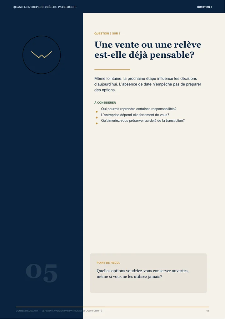 Page du guide sur la coordination du patrimoine personnel et corporatif