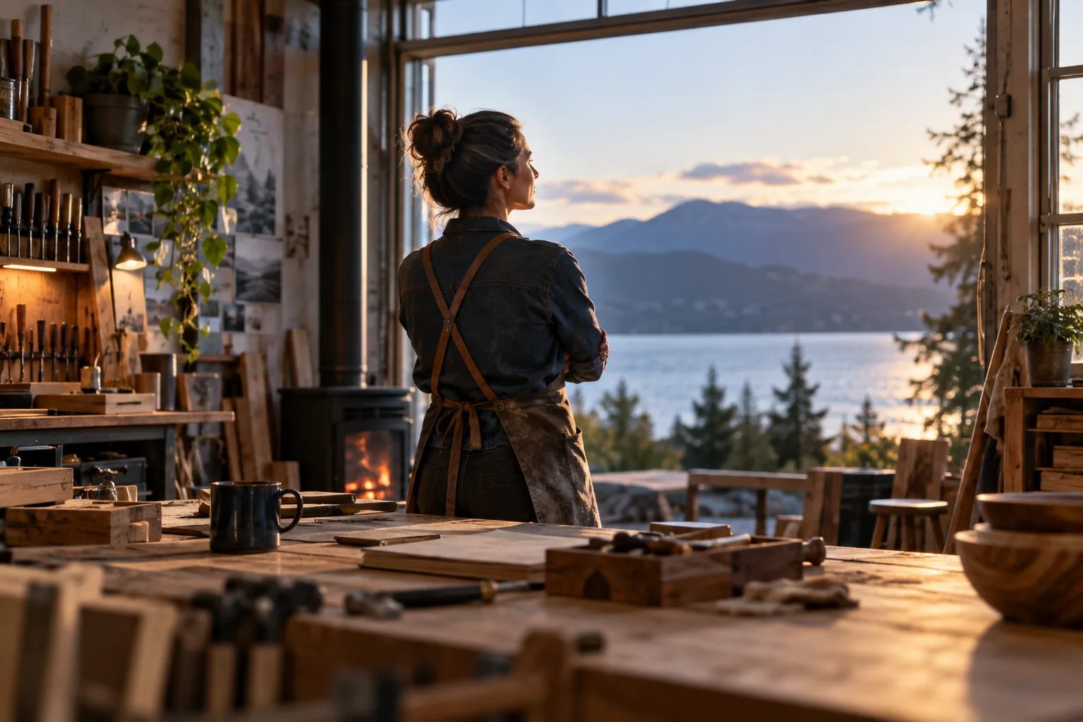 Une entrepreneure prend du recul dans l’atelier où elle construit son œuvre.