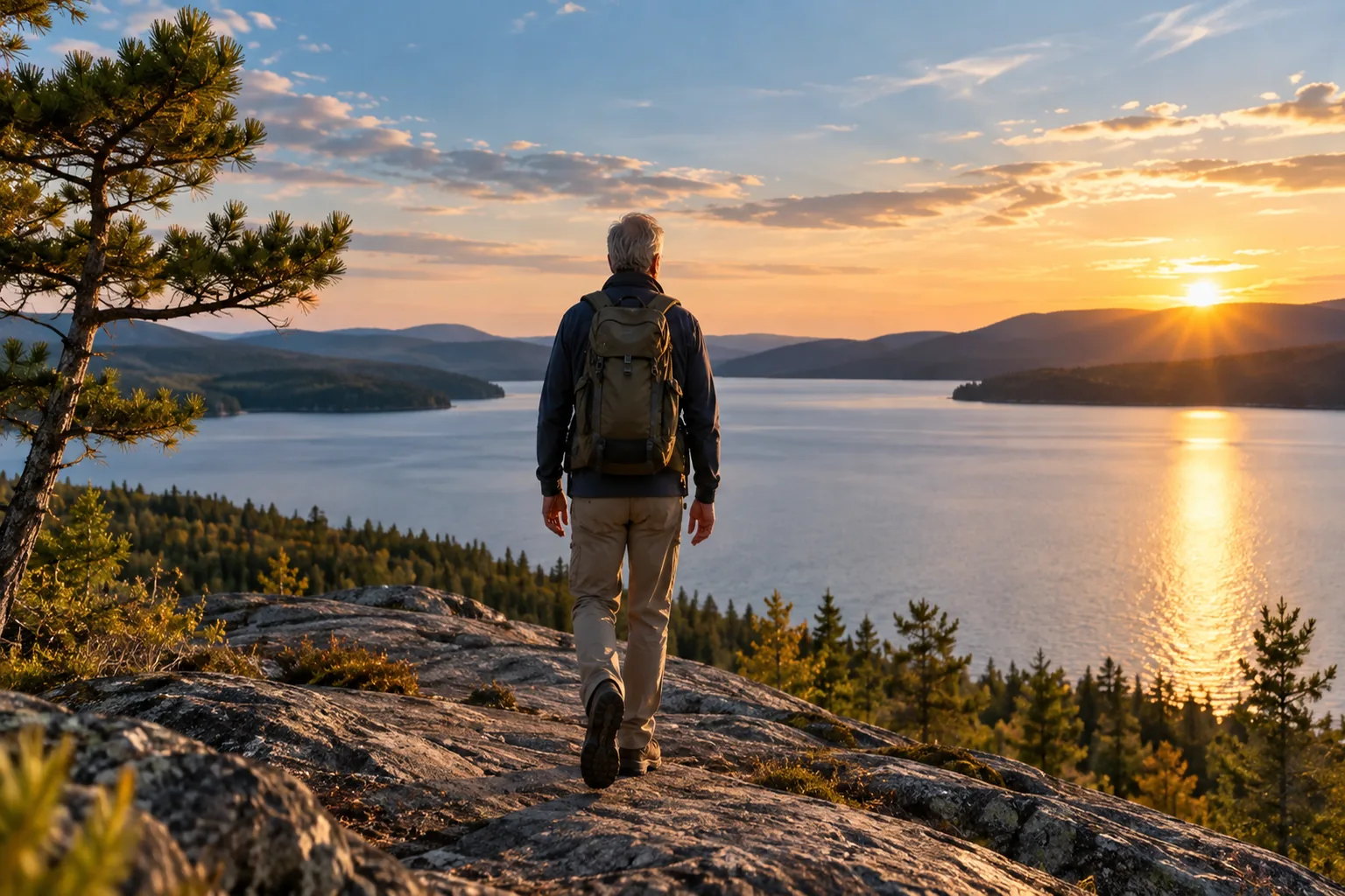 Une personne marche vers un vaste horizon lumineux au bord d’un lac.