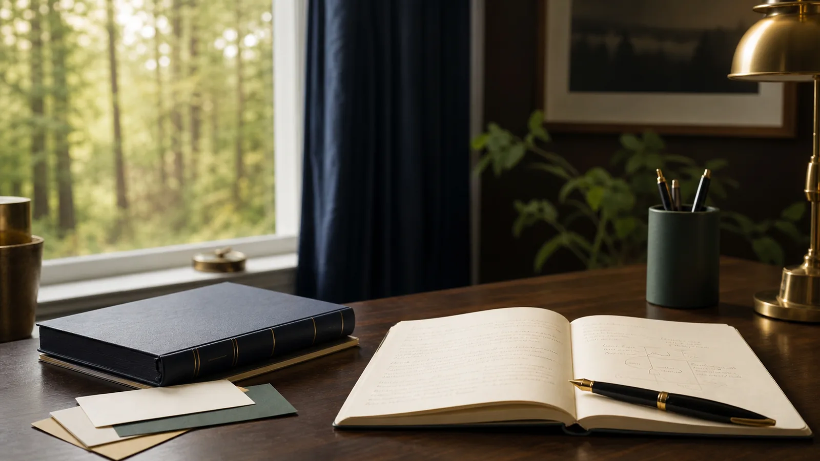 Bureau éditorial avec carnet ouvert, stylo, documents et lumière naturelle pour illustrer une réflexion sur le CELI.