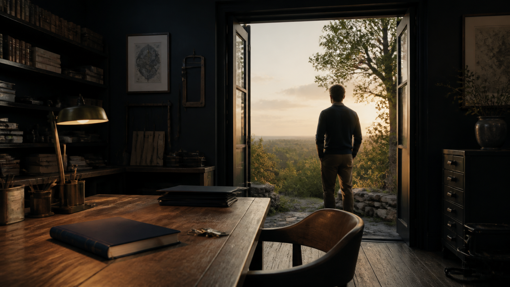 Un entrepreneur se tient au seuil de son espace de travail, face à un horizon lumineux, pour illustrer la distinction entre la personne et l’entreprise.