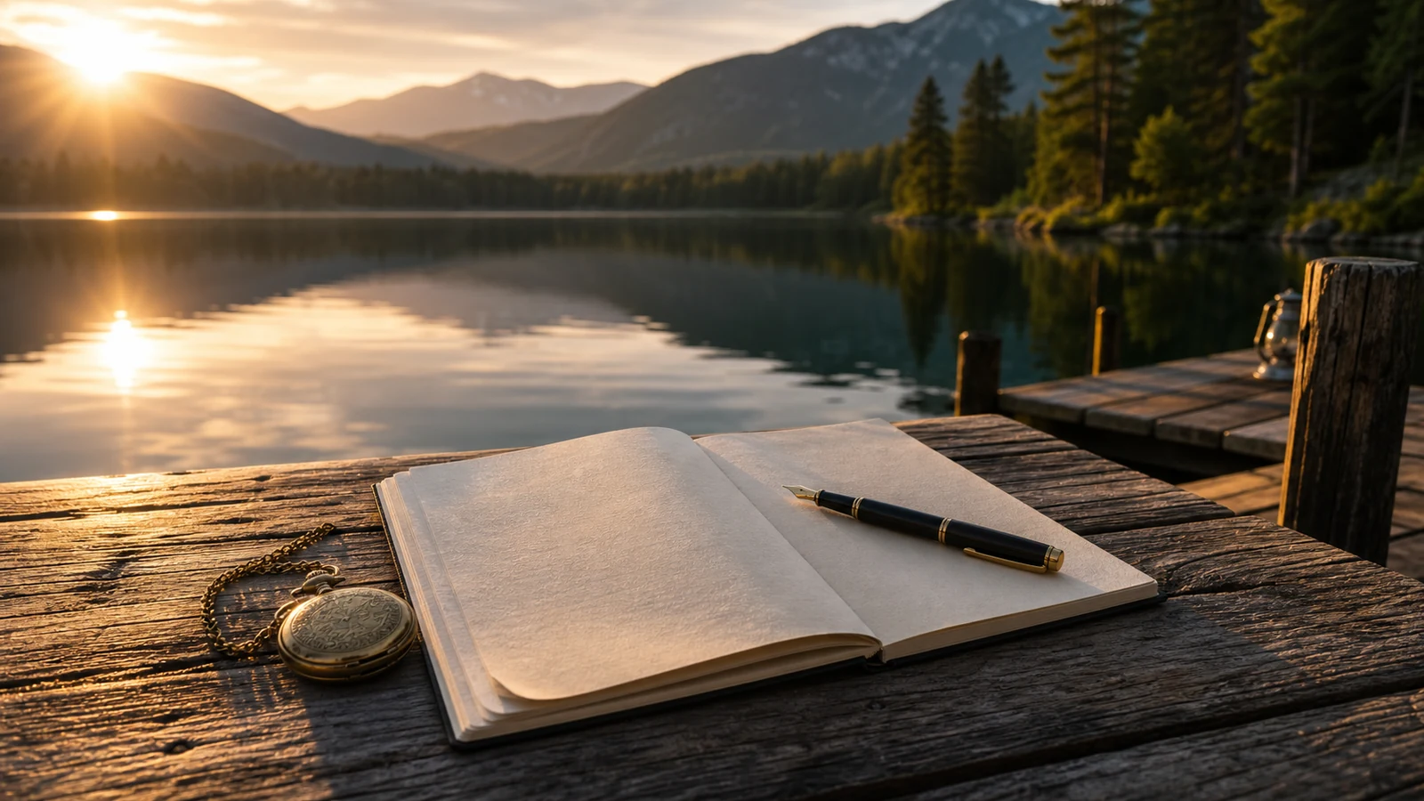 Quai paisible au bord d'un lac avec carnet ouvert, plume et montre ancienne pour illustrer le patrimoine comme temps et liberté.
